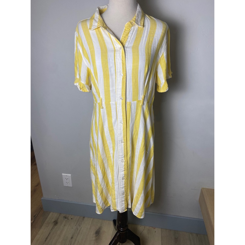 Sharagano Womens Yellow White Striped Button Front Shirt Dress Large